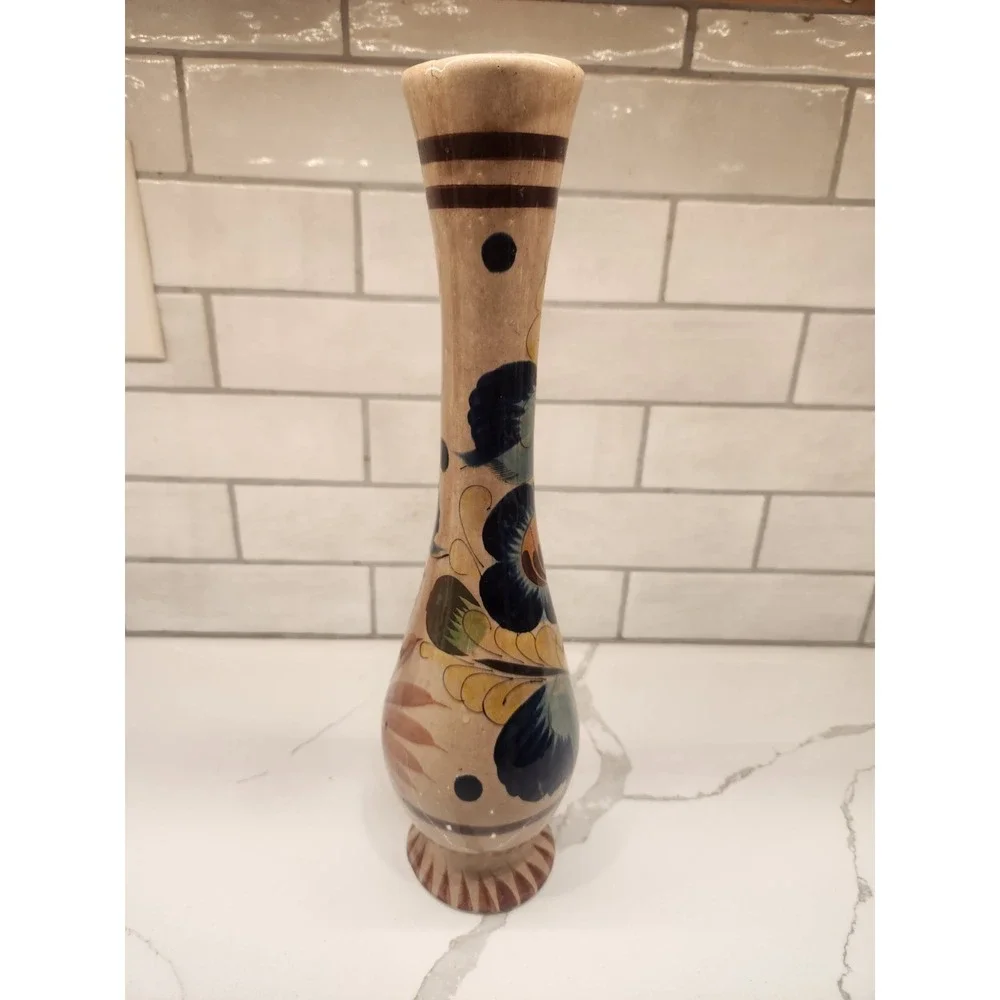 Vtg. Tonala Pottery Vase Hand Painted Mexican Folk Art Flowers Signed 15